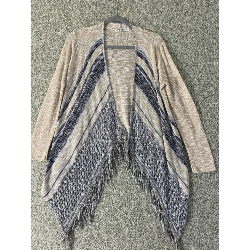 Say What L Tan Striped Fringe Cardigan Asymmetrical Boho Hippie Casual Streeet